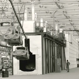 iconic Volkswagen Beetle bodys in a factory in Mexico 