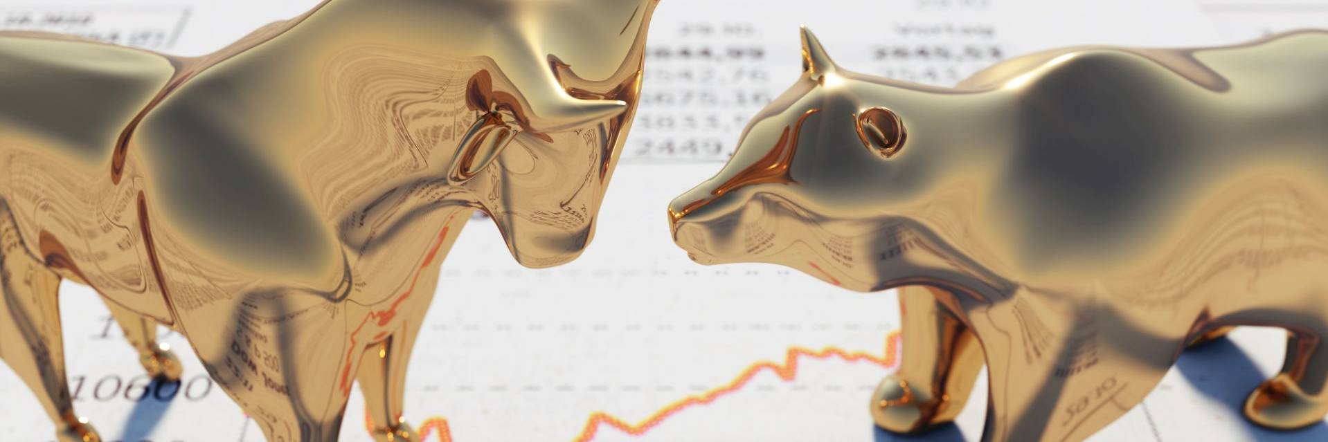 Bull and Bear standing on a financial newspaper
