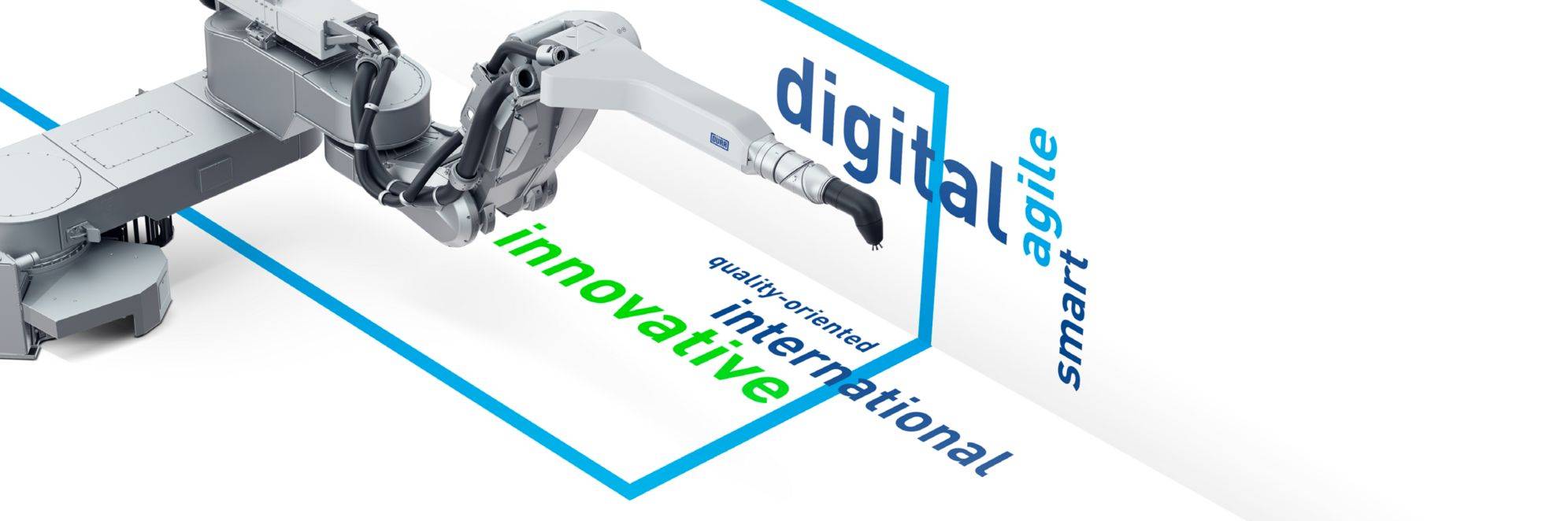 Roboter druckt Attribute digitaler Produkte: innovative, international, quality-oriented, digital, agile, smart