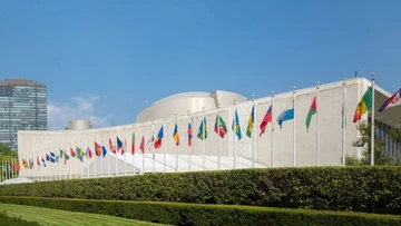 flags in front of UN headquater