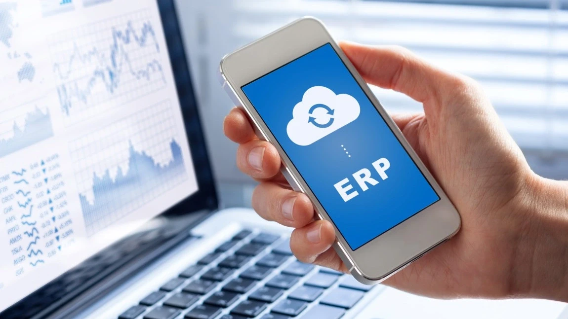 ERP app on smartphone screen connecting data with cloud computin