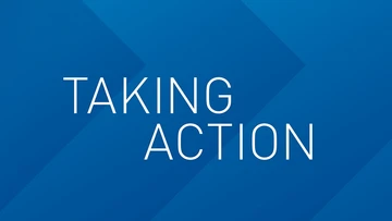 the words "taking action" on a blue background