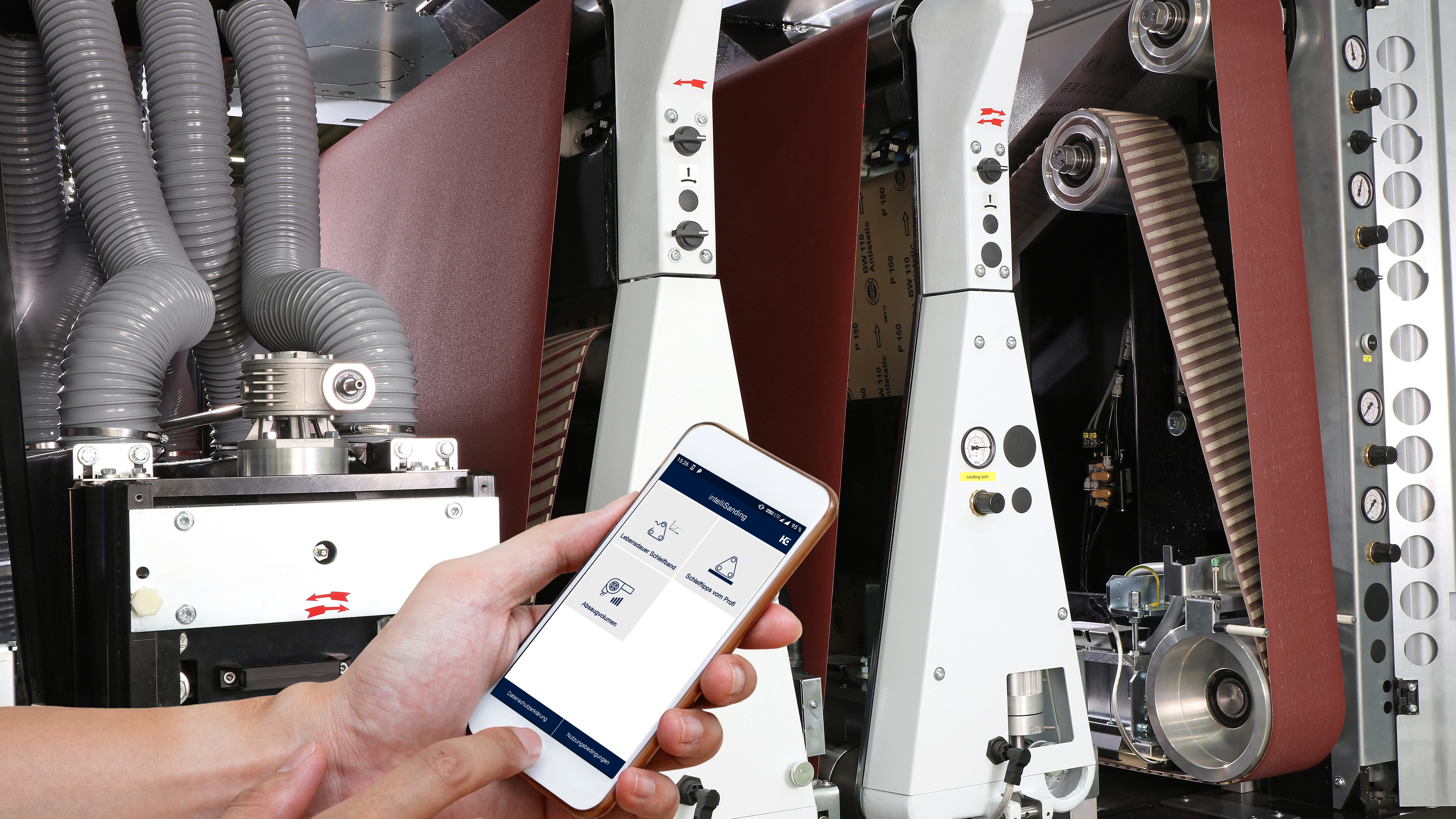 intelliSanding app on mobile in front of a machine