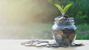 Glass with coins and a plant