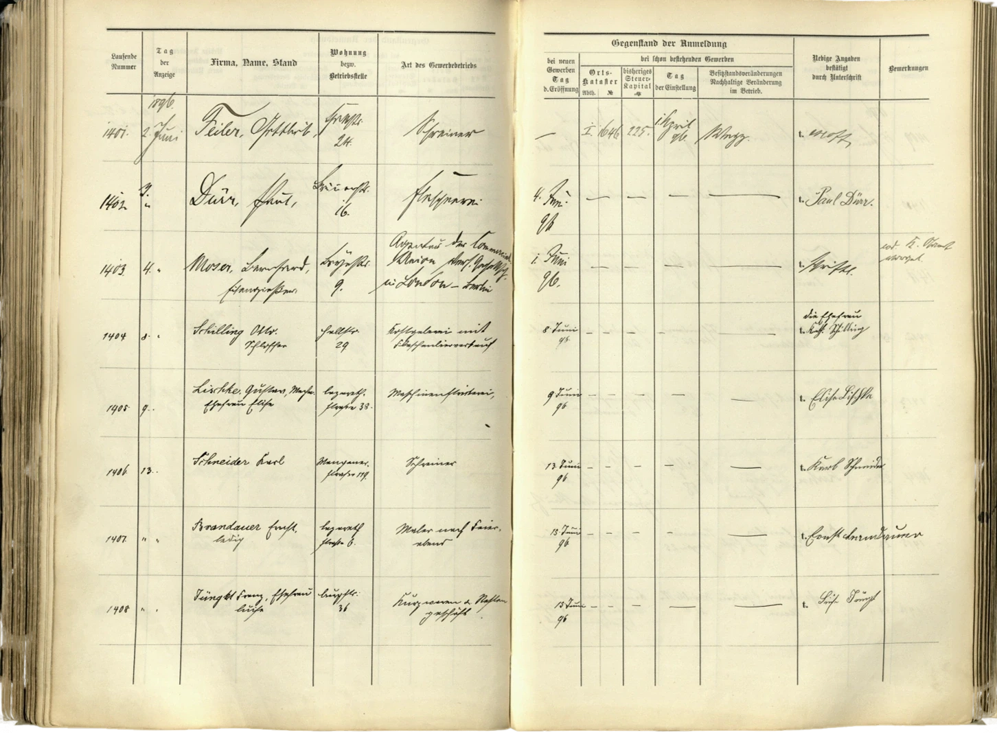 Eintrag im Cannstatter Gewerbeänderungsregister 1896 